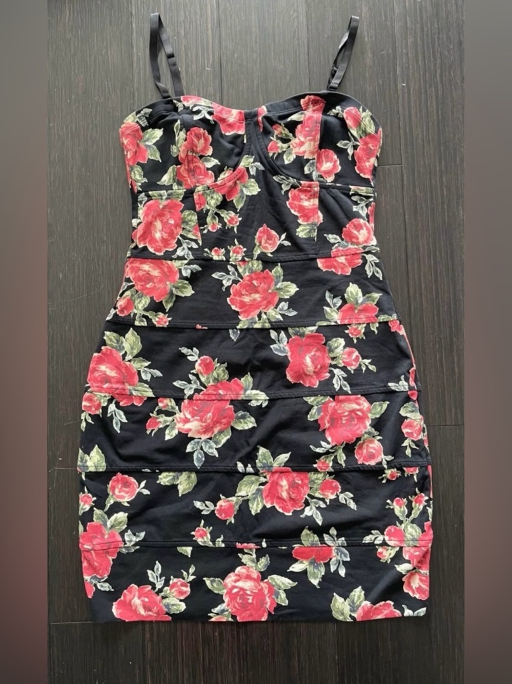 Aritzia Talula Black Mini Dress with Red Rose Print